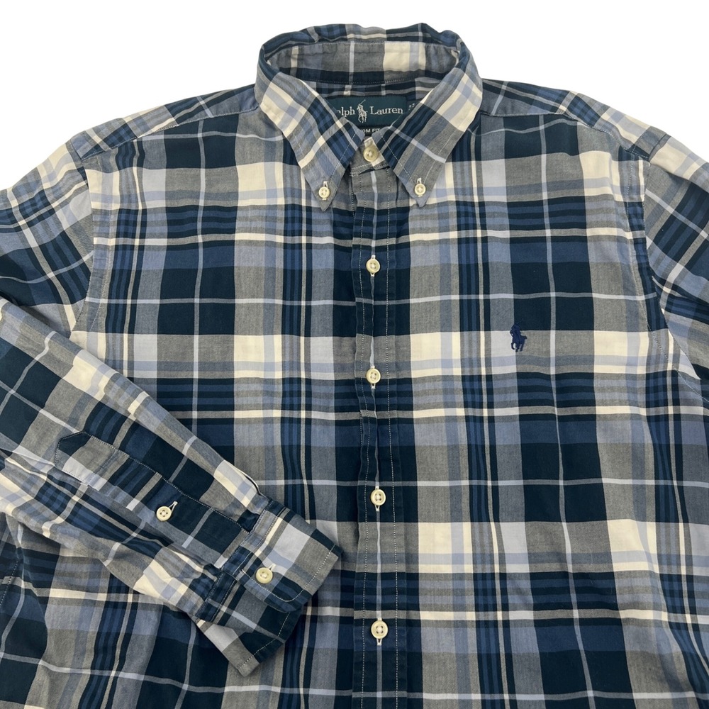 Ralph Lauren Mens Custom Fit Plaid Button Down Shirt Blue White Medium M - Picture 1 of 9